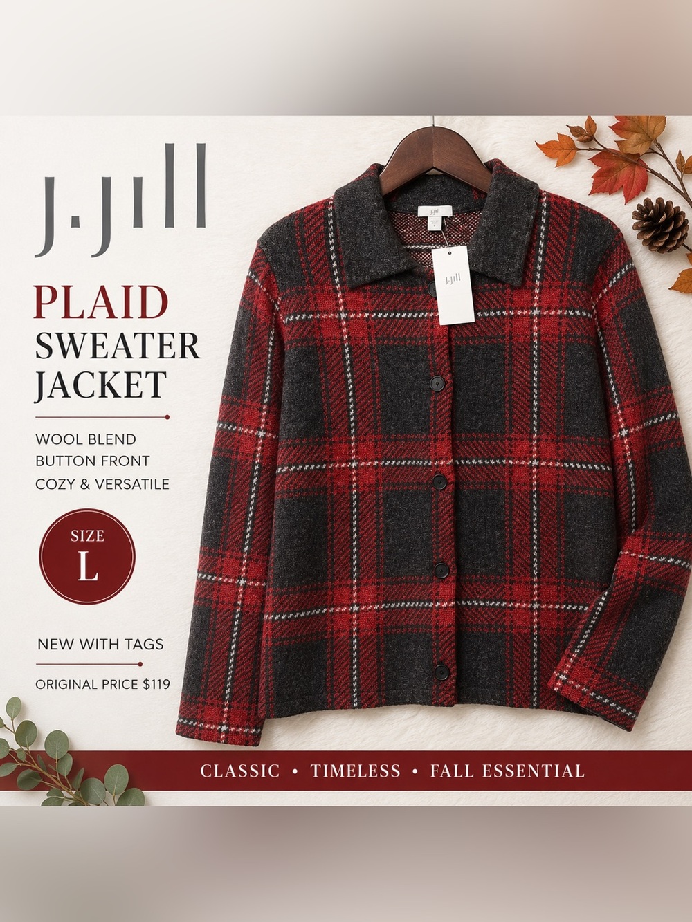 NWT J.Jill Plaid Wool Blend Button Front Sweater Jacket Large Red Charcoal